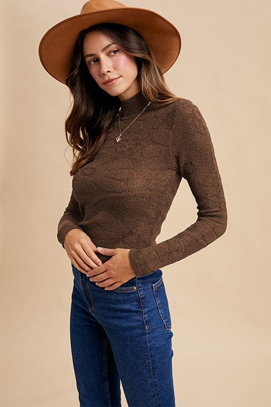 Floral Jacquard Mock Neck Top | Brown