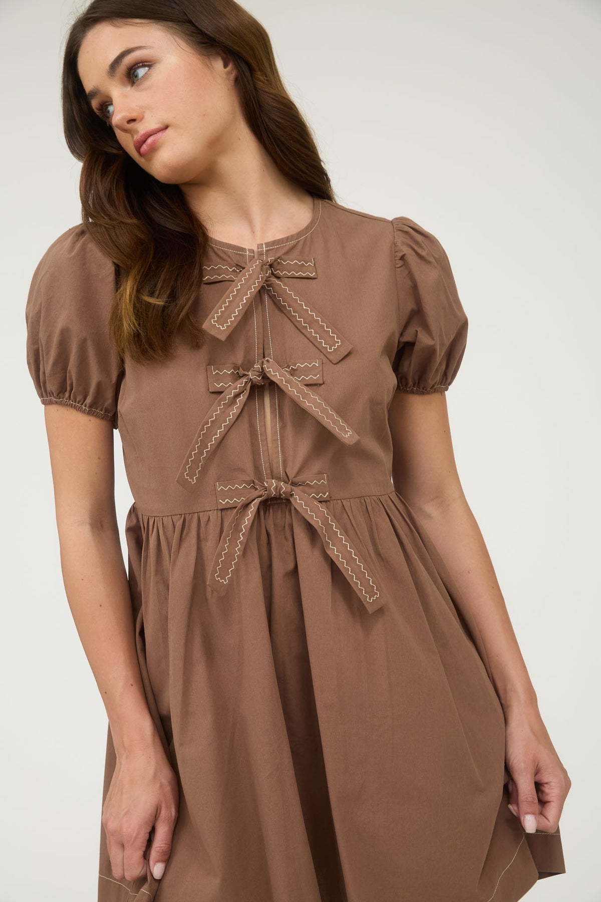 Bow Detail Puff Sleeve Dress | Brown