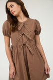 Bow Detail Puff Sleeve Dress | Brown