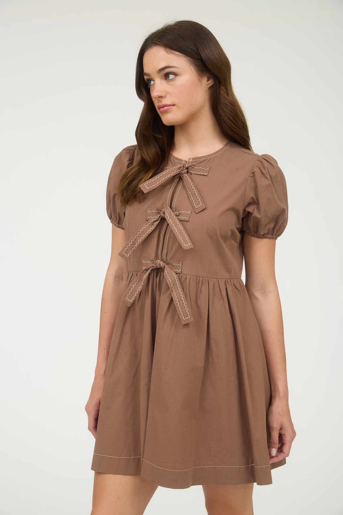 Bow Detail Puff Sleeve Dress | Brown