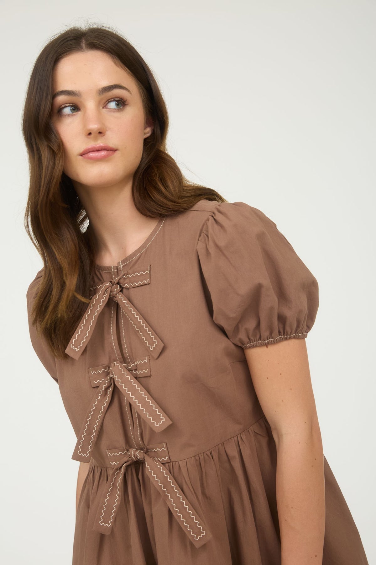 Bow Detail Puff Sleeve Dress | Brown