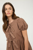 Bow Detail Puff Sleeve Dress | Brown