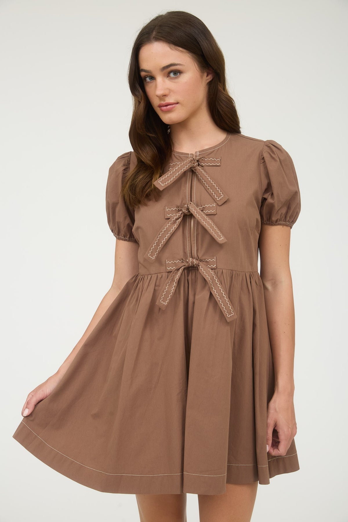 Bow Detail Puff Sleeve Dress | Brown