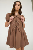 Bow Detail Puff Sleeve Dress | Brown