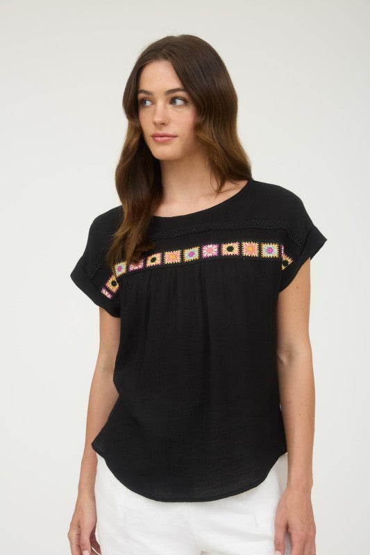Crochet Floral Detail Top | Black
