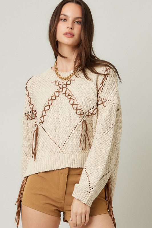 Braided Leather Tassel Knit Sweater | Natural