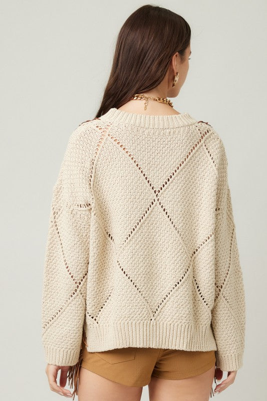 Braided Leather Tassel Knit Sweater | Natural