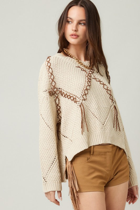 Braided Leather Tassel Knit Sweater | Natural