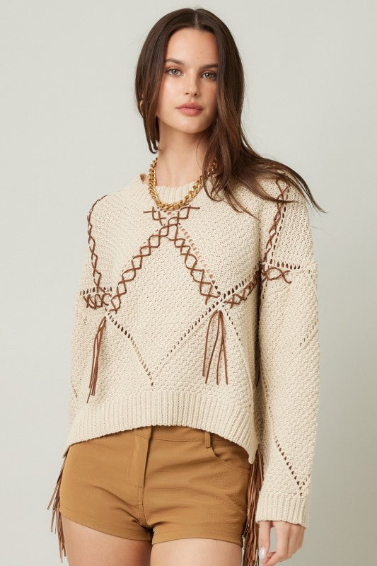 Braided Leather Tassel Knit Sweater | Natural