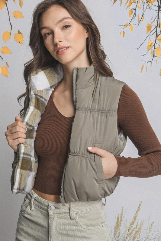 *DOORBUSTER DEAL | Reversible Plaid Puffer Vest | Light Olive