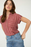 Striped Collared Button Top | Burgundy