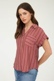 Striped Collared Button Top | Burgundy