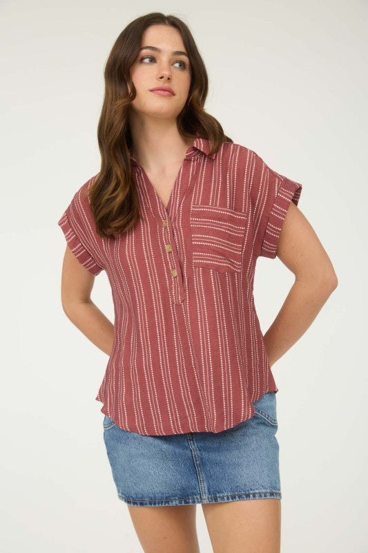 Striped Collared Button Top | Burgundy