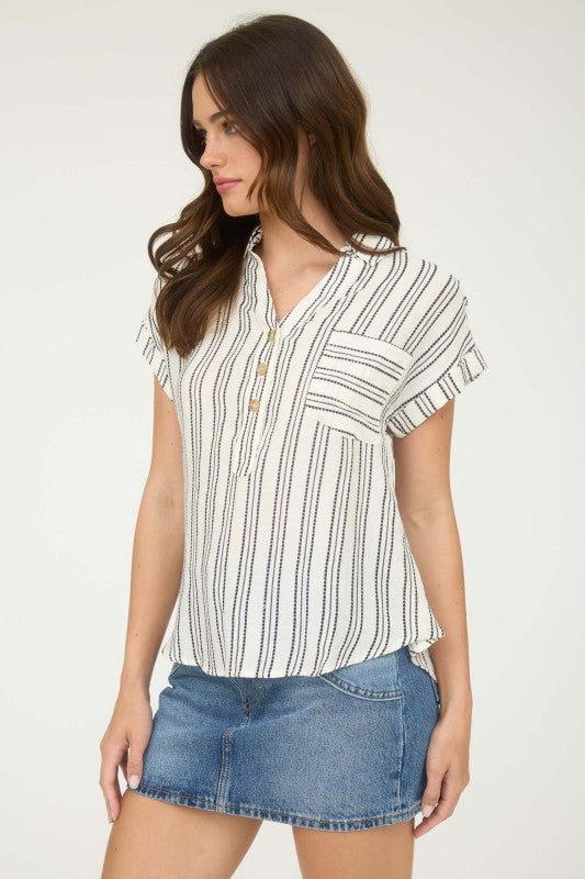 Striped Collared Button Top | Cream