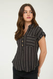 Striped Collared Button Top | Black