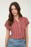 Striped Collared Button Top | Burgundy