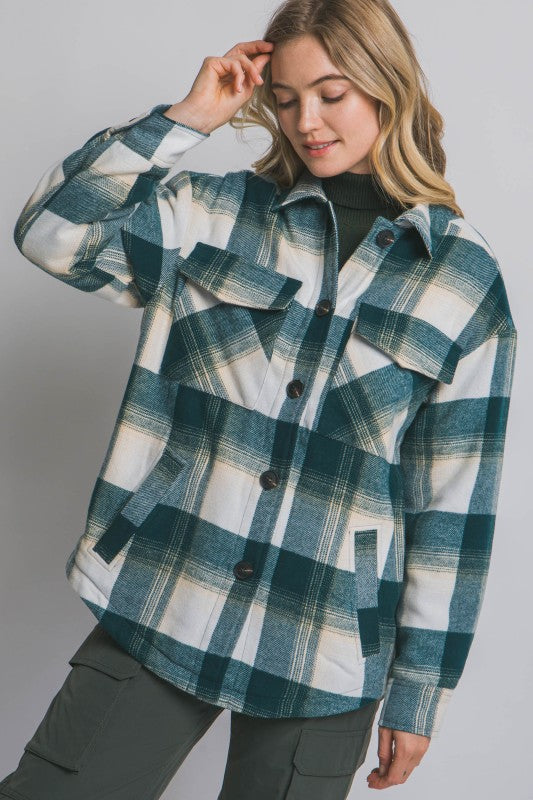 *Doorbuster Deal Plaid Sherpa Lined Shacket | Teal Blue