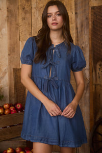 Bow Detail Puff Sleeve Dress | Dark Chambray