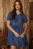 Bow Detail Puff Sleeve Dress | Dark Chambray