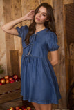 Bow Detail Puff Sleeve Dress | Dark Chambray