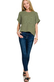 Cable Knit Short Sleeve Sweater Top | Light Olive