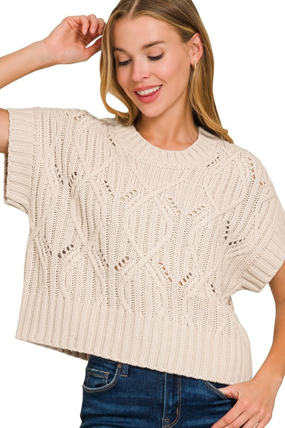 Cable Knit Short Sleeve Sweater Top | Sand Beige