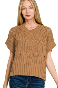 Cable Knit Short Sleeve Sweater Top | Dark Camel