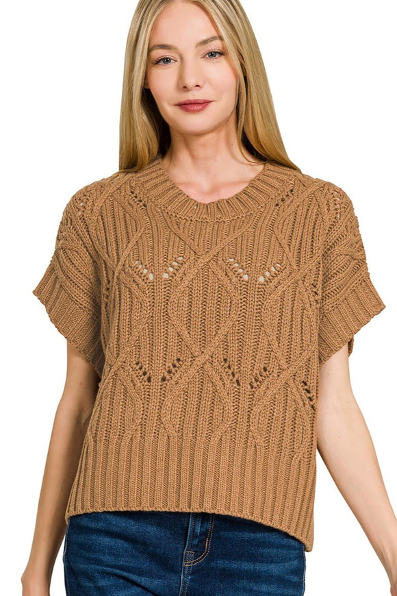 Cable Knit Short Sleeve Sweater Top | Dark Camel