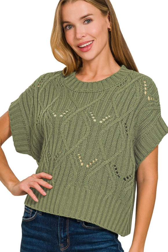 Cable Knit Short Sleeve Sweater Top | Light Olive