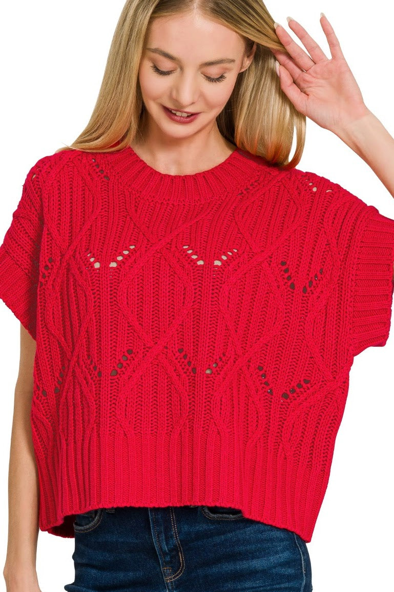 Cable Knit Short Sleeve Sweater Top | Red