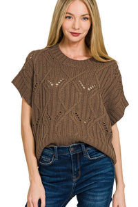 Cable Knit Short Sleeve Sweater Top | Brown