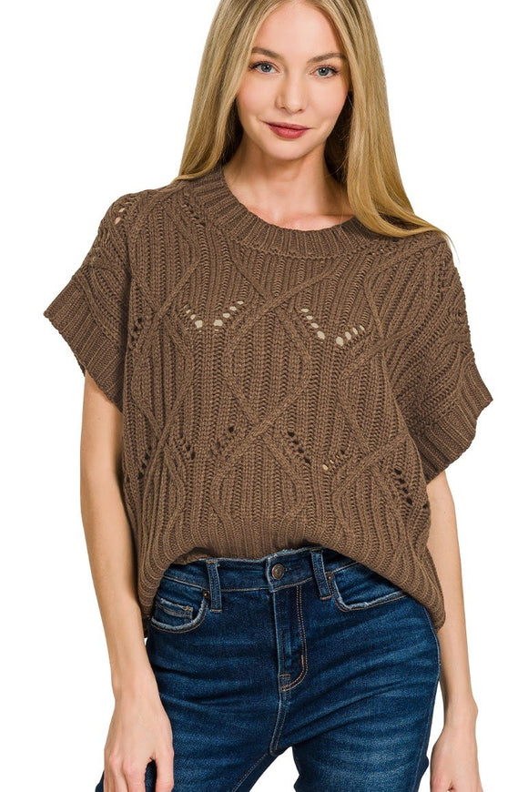 Cable Knit Short Sleeve Sweater Top | Brown