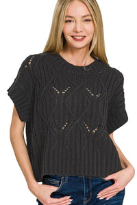 Cable Knit Short Sleeve Sweater Top | Black
