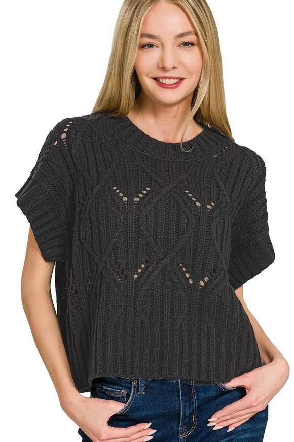 Cable Knit Short Sleeve Sweater Top | Black