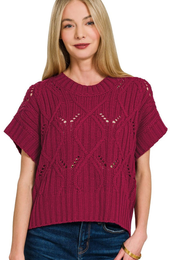 Cable Knit Short Sleeve Sweater Top | Cabernet
