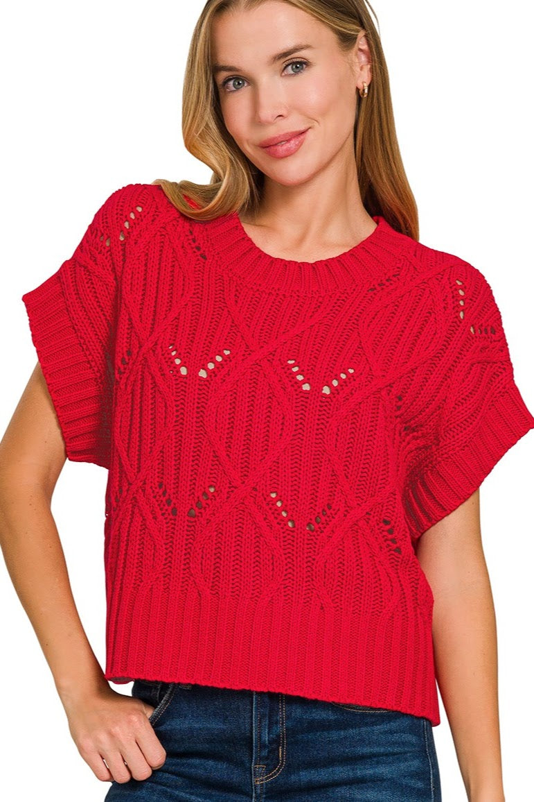 Cable Knit Short Sleeve Sweater Top | Red