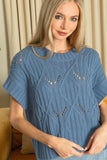 Cable Knit Short Sleeve Sweater Top | Dusty Blue