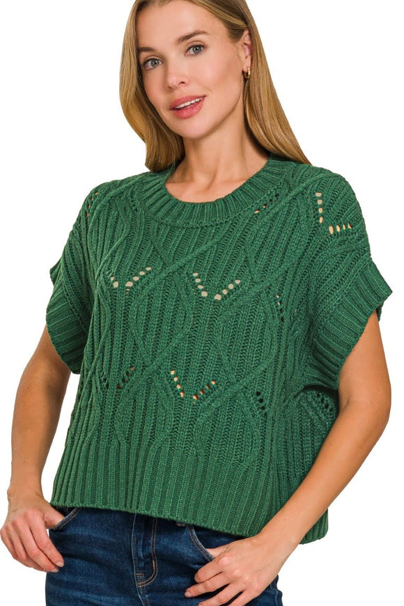 Cable Knit Short Sleeve Sweater Top | Dark Green