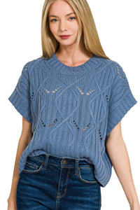 Cable Knit Short Sleeve Sweater Top | Dusty Blue