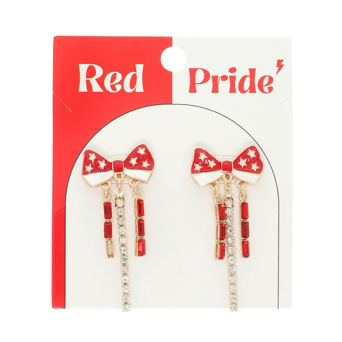 Crytal Bow Fringe Earrings | Red/Gold