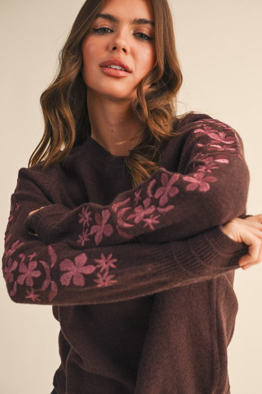 Floral Embroidered Sleeve Sweater Top | Chocolate Berry