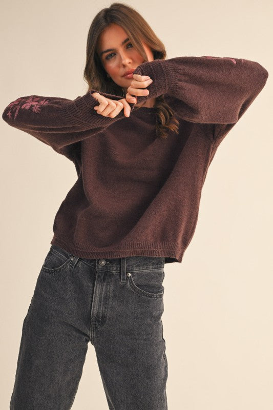 Floral Embroidered Sleeve Sweater Top | Chocolate Berry