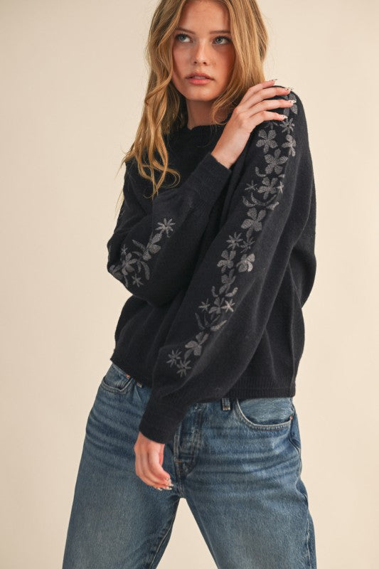 Floral Embroidered Sleeve Sweater Top | Black Charcoal