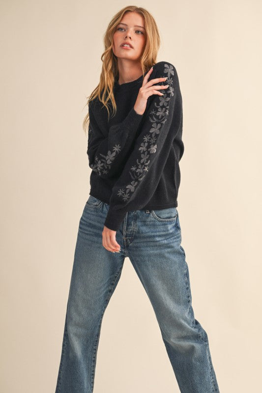 Floral Embroidered Sleeve Sweater Top | Black Charcoal