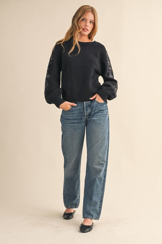 Floral Embroidered Sleeve Sweater Top | Black Charcoal