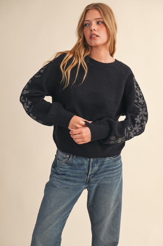 Floral Embroidered Sleeve Sweater Top | Black Charcoal