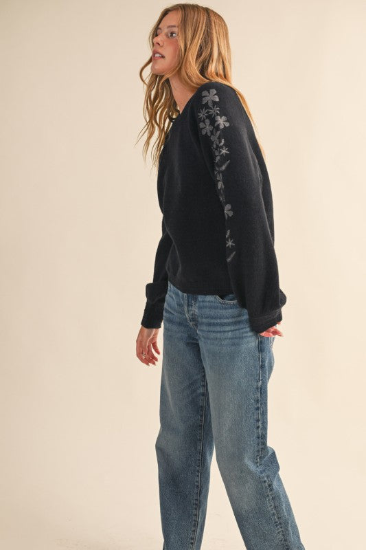 Floral Embroidered Sleeve Sweater Top | Black Charcoal