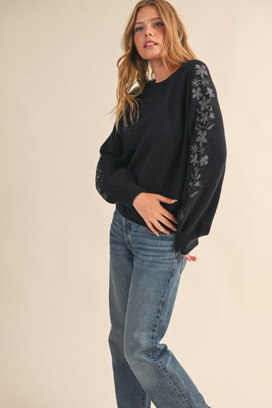 Floral Embroidered Sleeve Sweater Top | Black Charcoal