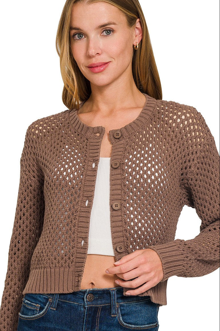 Crochet Cardigan Sweater Top | Brown