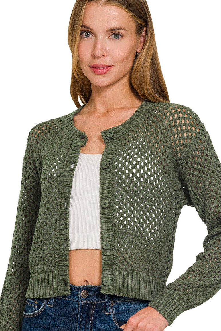 Crochet Cardigan Sweater Top | Olive